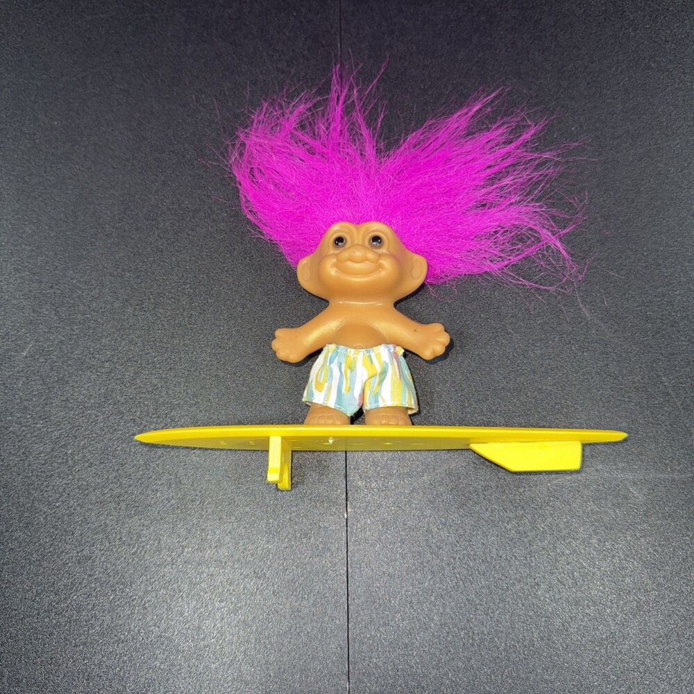 Russ Troll Doll Surfer With Pink Hair Shorts And Yellow Surf Board 3 inch